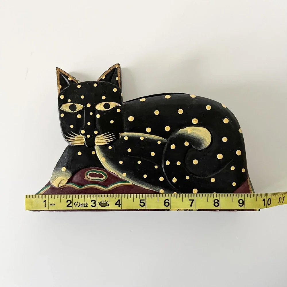 Wooden Cat Carved Painted Napkin Letter Holder Polka Dot Folk Art Halloween Fall